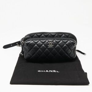 AUTHENTIC CHANEL Calfskin Quilted Waist Belt Bag Leather Black